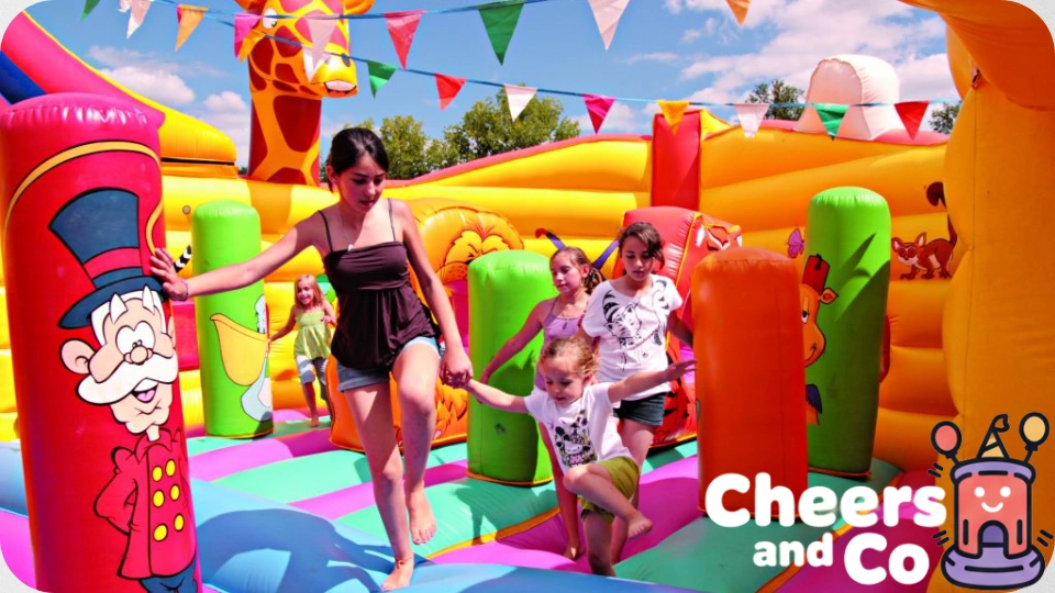 Enfants marocains rieurs sautant dans un grand château gonflable thématique lors d'un anniversaire ensoleillé à Casablanca.